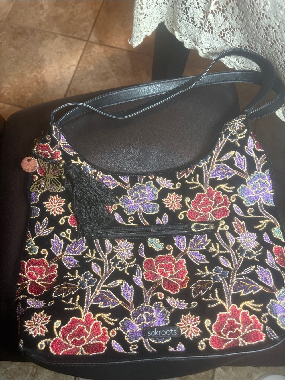 Sakroots Black Shoulder Bag with Red & Purple Floral Embroidery